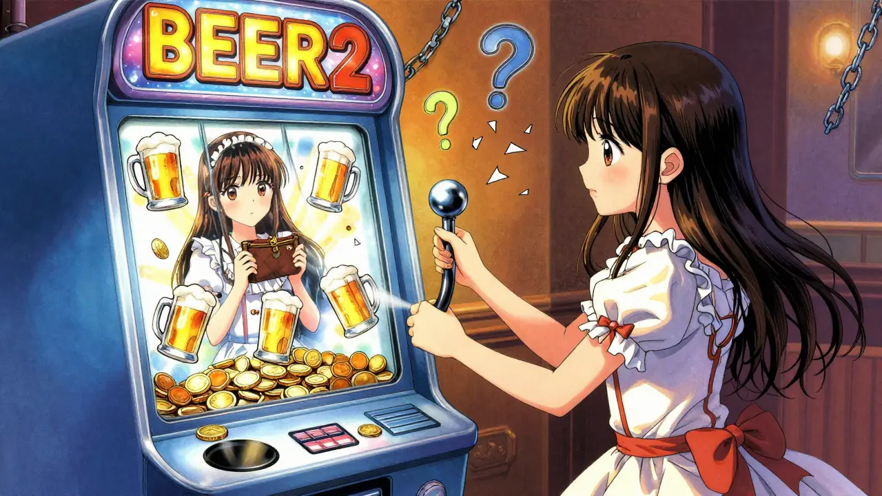 A girl pulls a slot machine labeled BEER2 that spits out beer mugs, her reflection shows her with an empty wallet.