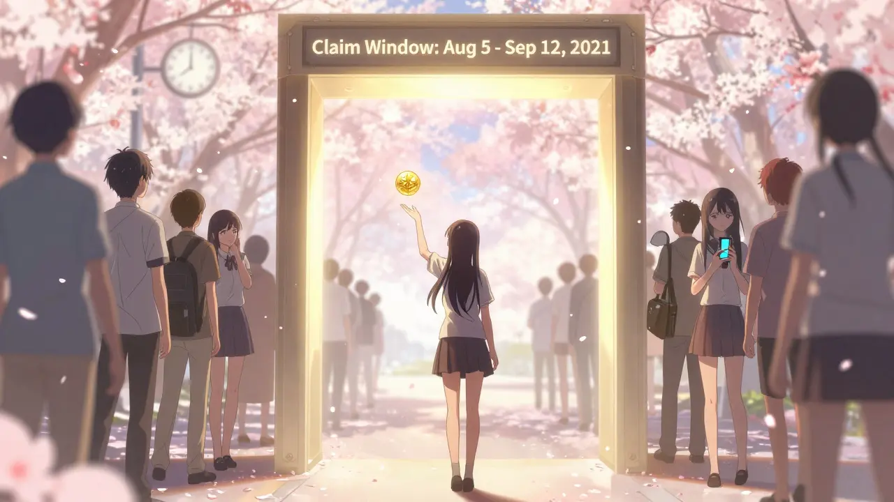 A girl reaching for a floating SLD token as a claiming window closes behind her, others walking away confused.