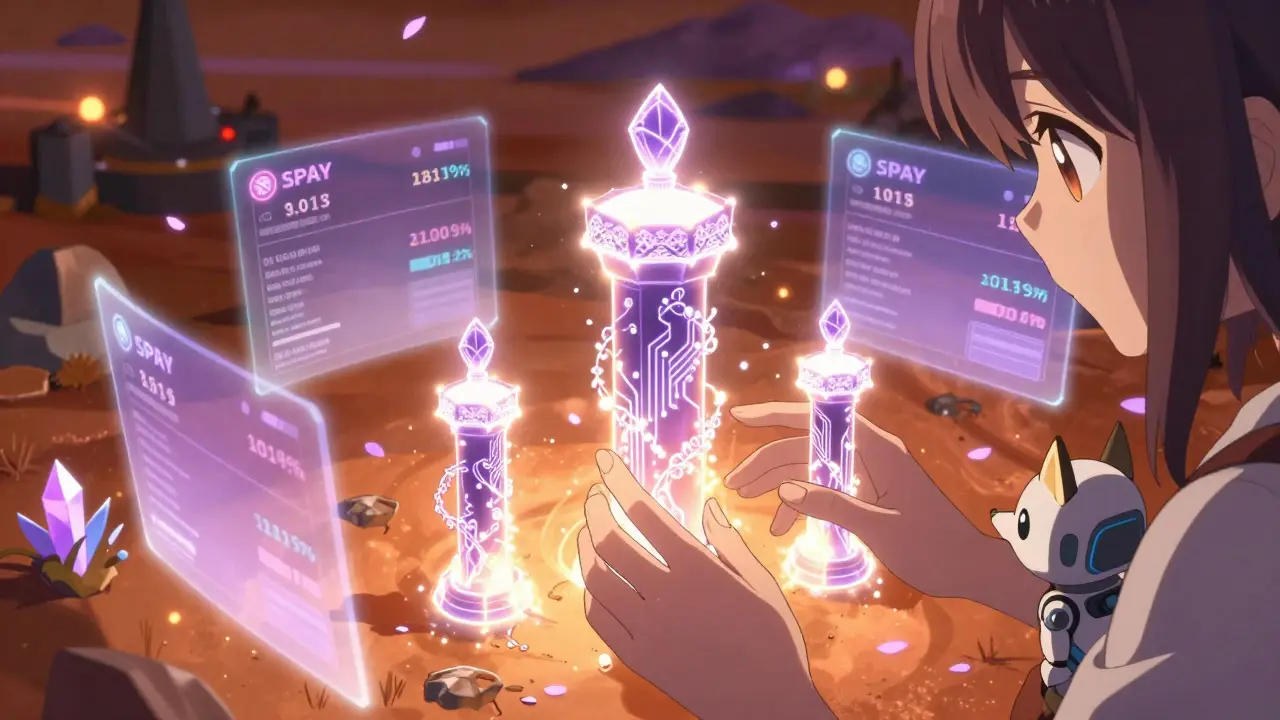 A girl upgrading a rare NFT tower with floral circuitry, surrounded by glowing holograms and a fox-like robot companion.