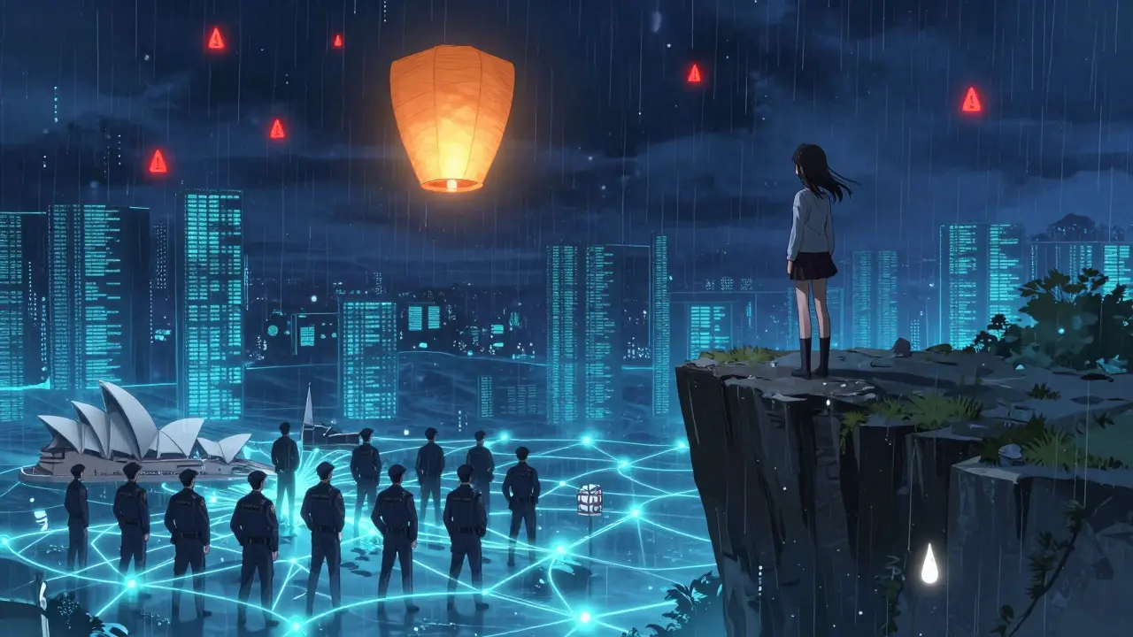 A girl watching her offshore wallet lantern drift into a storm of warning symbols, while global law enforcement stand connected by data threads.