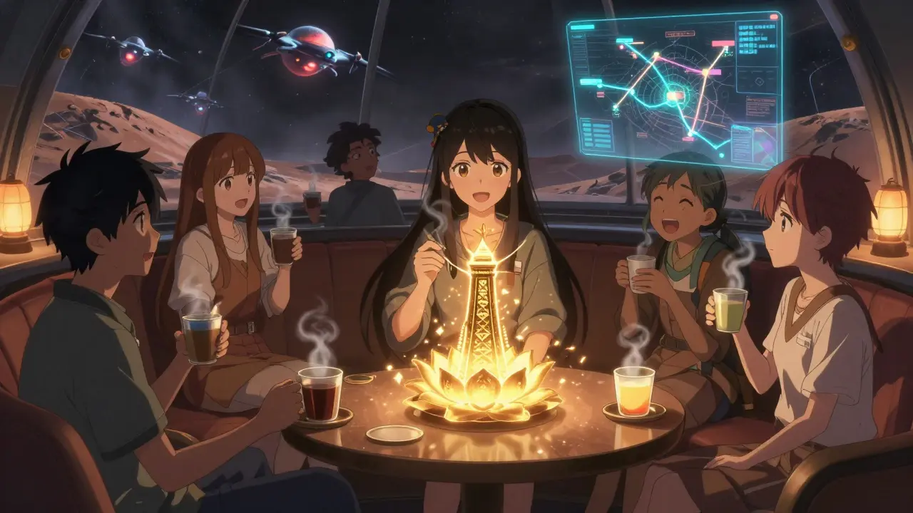 A group of friends in a Martian lounge sharing stories as a Legendary tower glows softly, with drones visible outside.