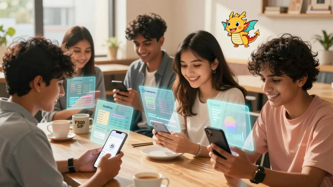 A group of Indian teens trading crypto in a café with holographic charts and animated tokens floating around them.