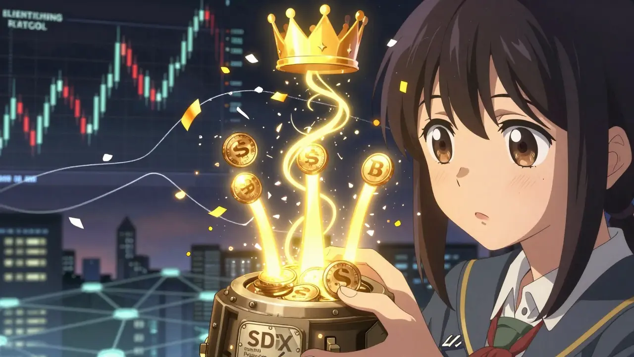 A hand places SDEX tokens into a vault as three golden energy streams form a crown above, symbolizing unified yield.