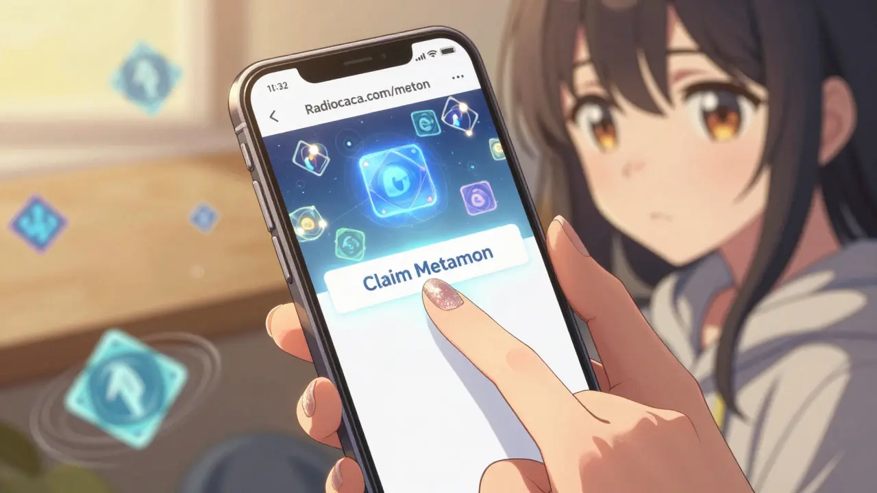 A hand taps a 'Claim Metamon' button on a glowing screen, with digital blockchain elements behind her.
