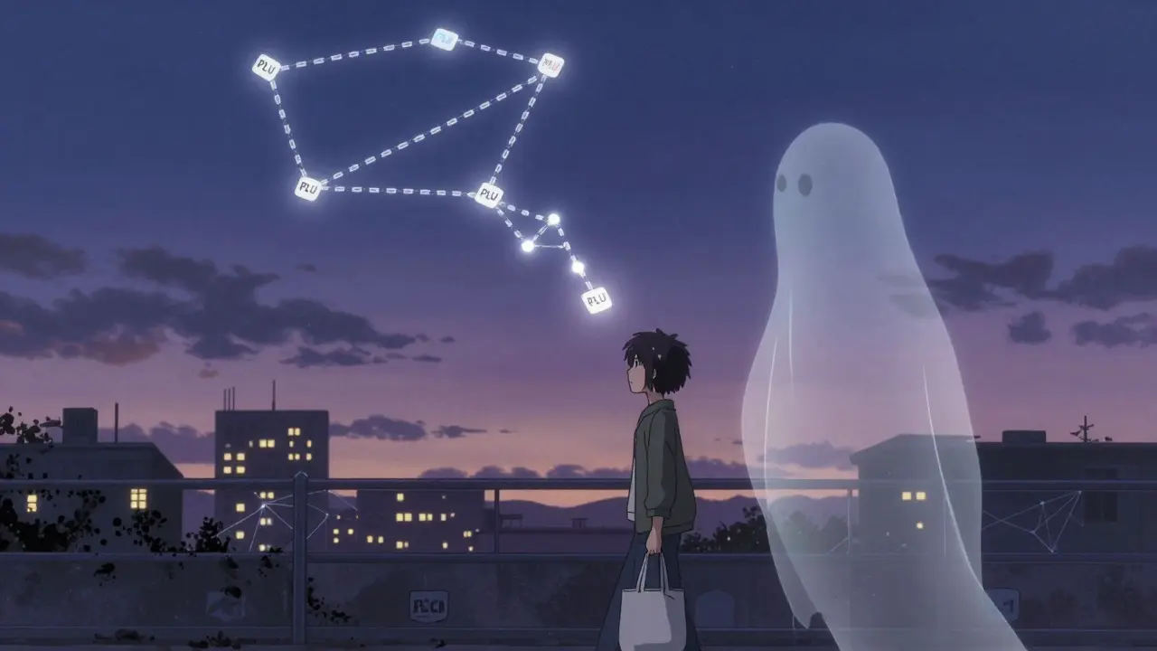 A person walking home as PLU tokens spiral into the night sky like a constellation shaped like a loyalty card.