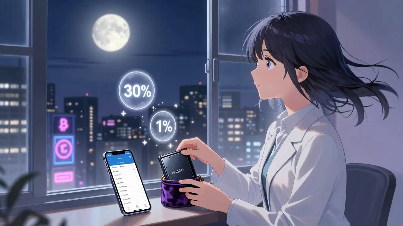 A professional placing a hardware wallet beside a phone showing a crypto tax calculator under a starry night sky.