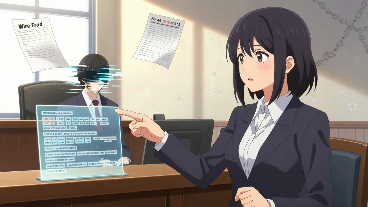 A prosecutor in court pointing to blockchain evidence against a masked crypto fraudster.