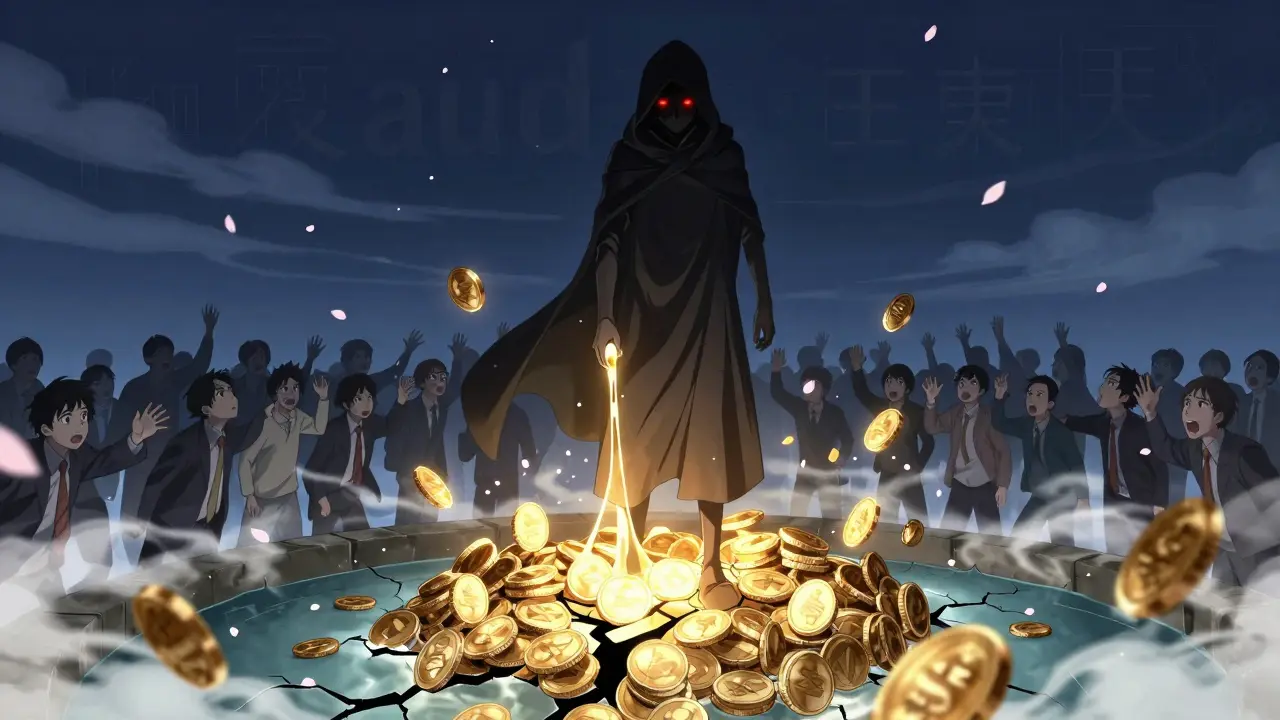 A shadowy figure draining cryptocurrency liquidity while investors reach out in despair.