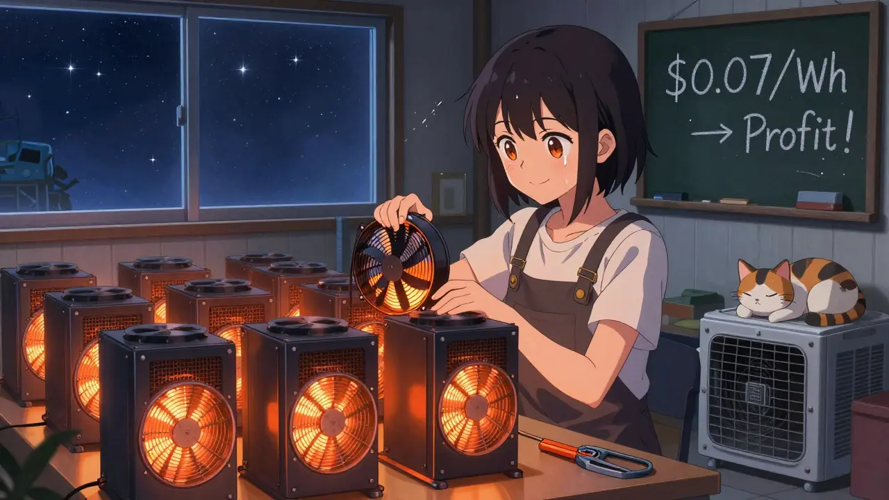 A teen in a garage adjusting ASIC miners, warm lights glowing, a cat napping nearby, chalkboard showing low electricity costs.