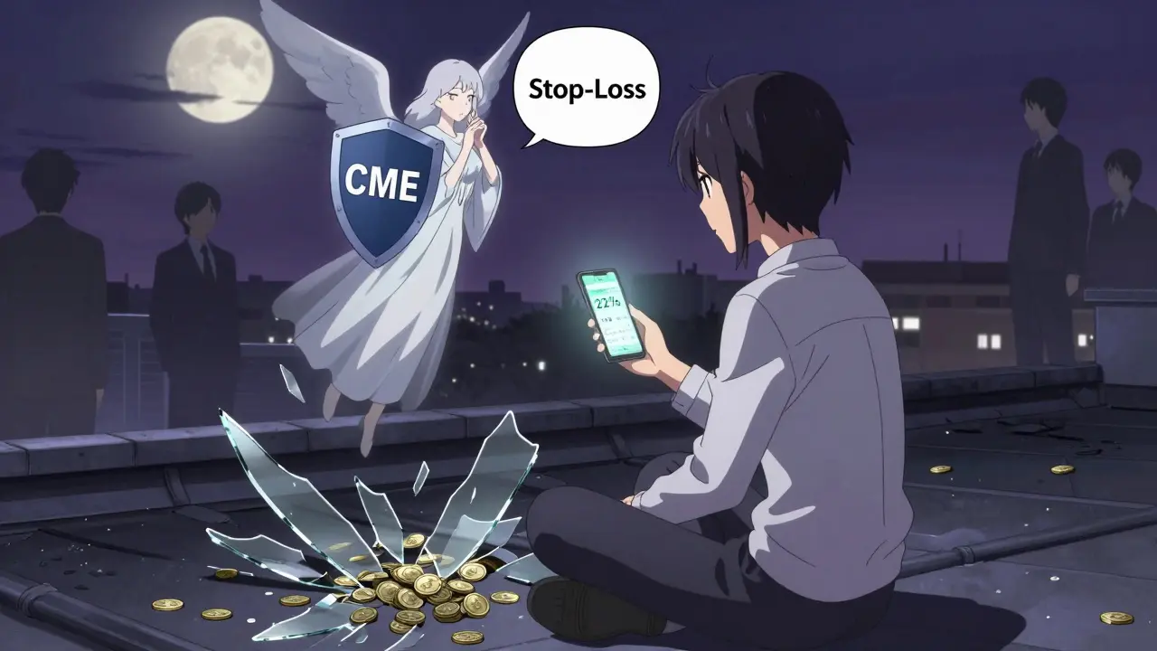A teen sits on a rooftop after a crypto crash, an angelic figure with a CME shield whispering advice as shattered coins lie around.