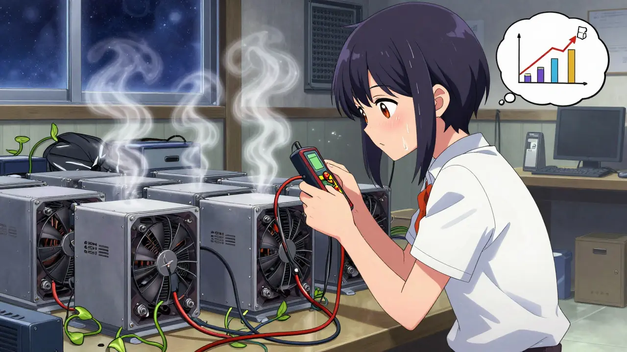 A teen works diligently in a garage filled with mining rigs, adjusting cooling fans with tools in hand.
