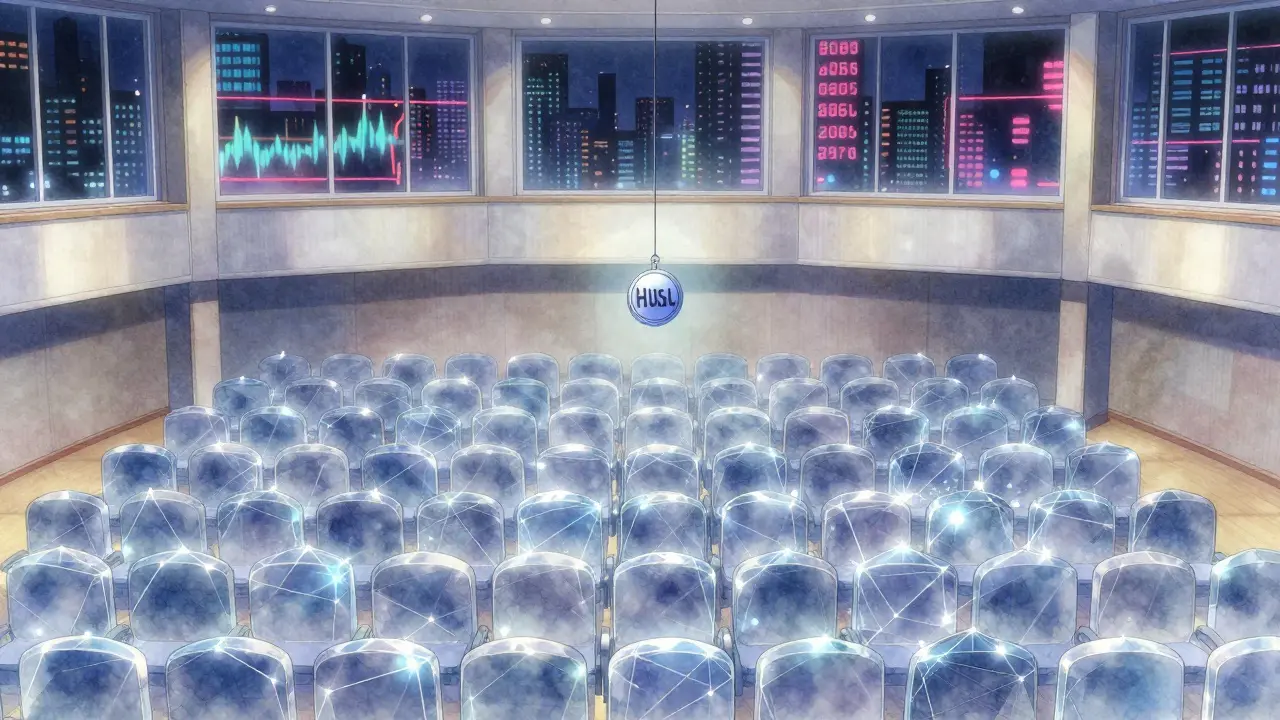 An empty concert hall with blockchain seats and a faintly glowing HUSL token hanging alone.