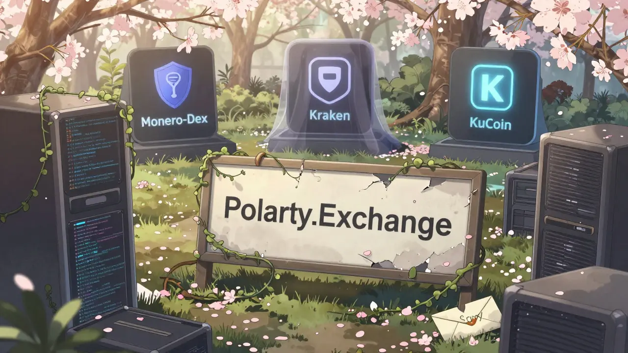 An overgrown, abandoned crypto exchange sign in a digital garden, with three new platforms visible in the distance.