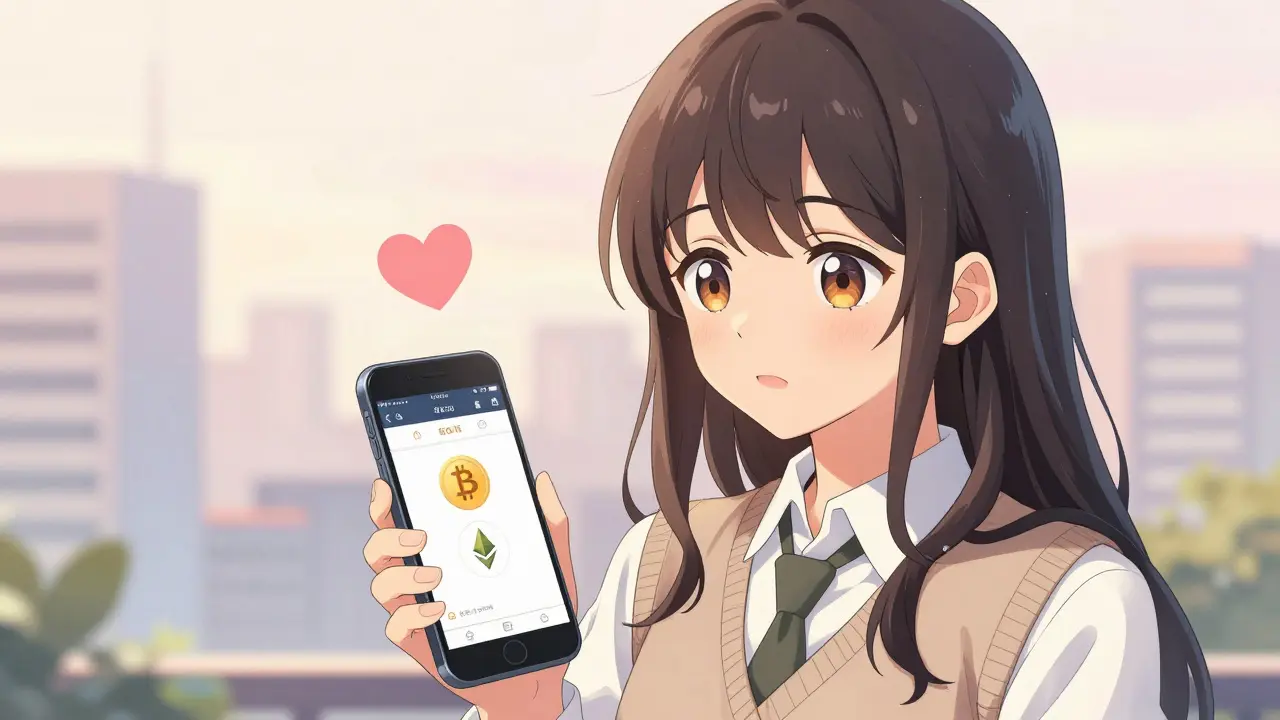 Character trading cryptocurrencies with a heart-shaped fee symbol