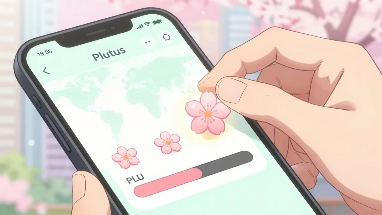 Close-up of a smartphone screen showing PLU tokens being minted with a cherry blossom-shaped token in hand.