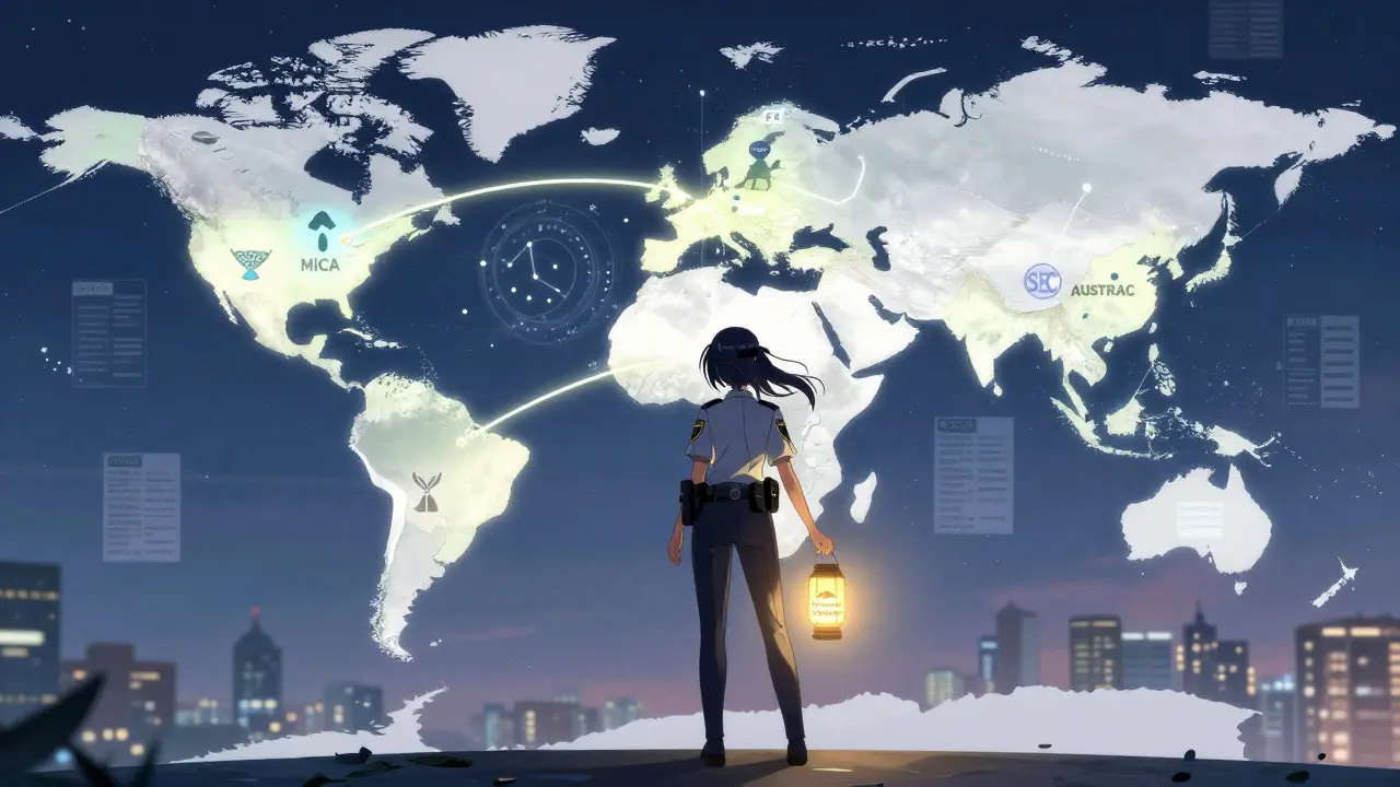 Compliance officer holding a lantern as global regulatory pathways glow beneath her.