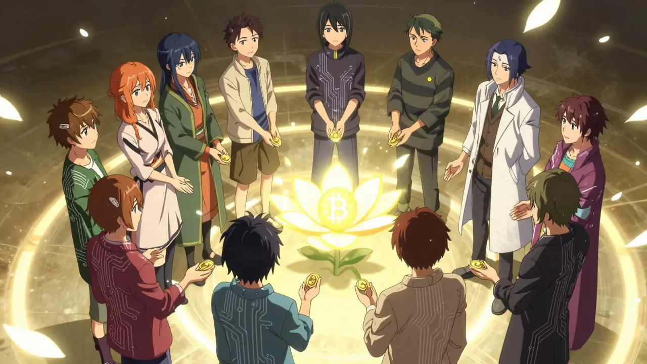 Diverse characters passing a glowing Bitcoin token in a circular formation, with light petals blooming around them.