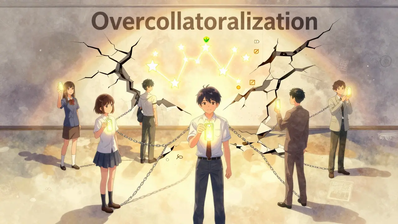Diverse individuals holding loan tokens as a wall of overcollateralization breaks apart, replaced by reputation stars and verification icons.