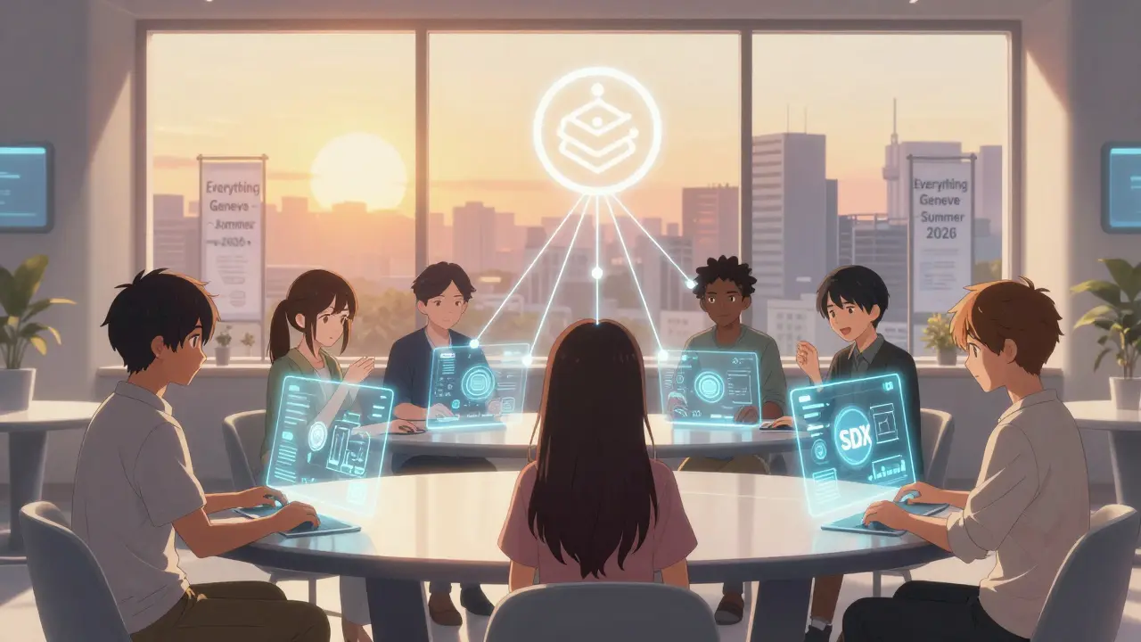 Diverse users interact with holographic DeFi interfaces connected by glowing threads to a central contract symbol.