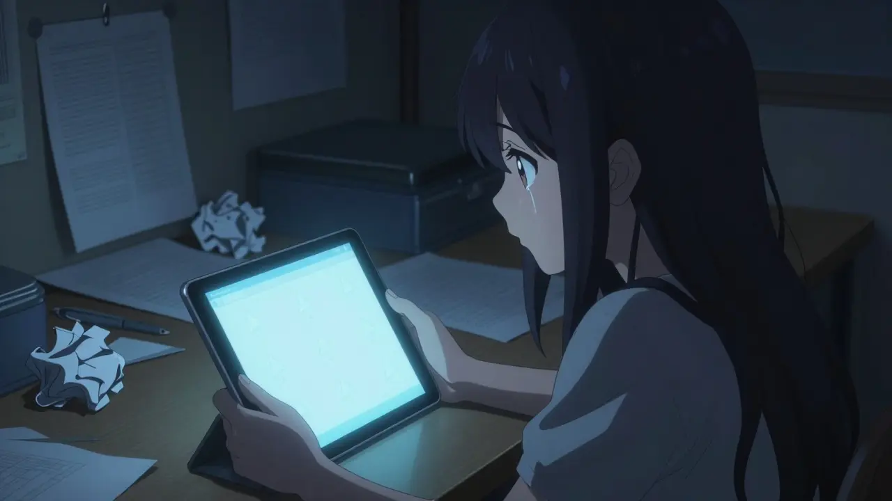 Girl in shoujo style looking at empty VOO marketplace on tablet