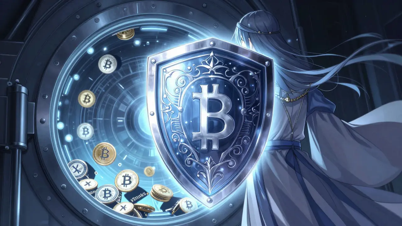 Guardian protecting digital assets with shield and vault