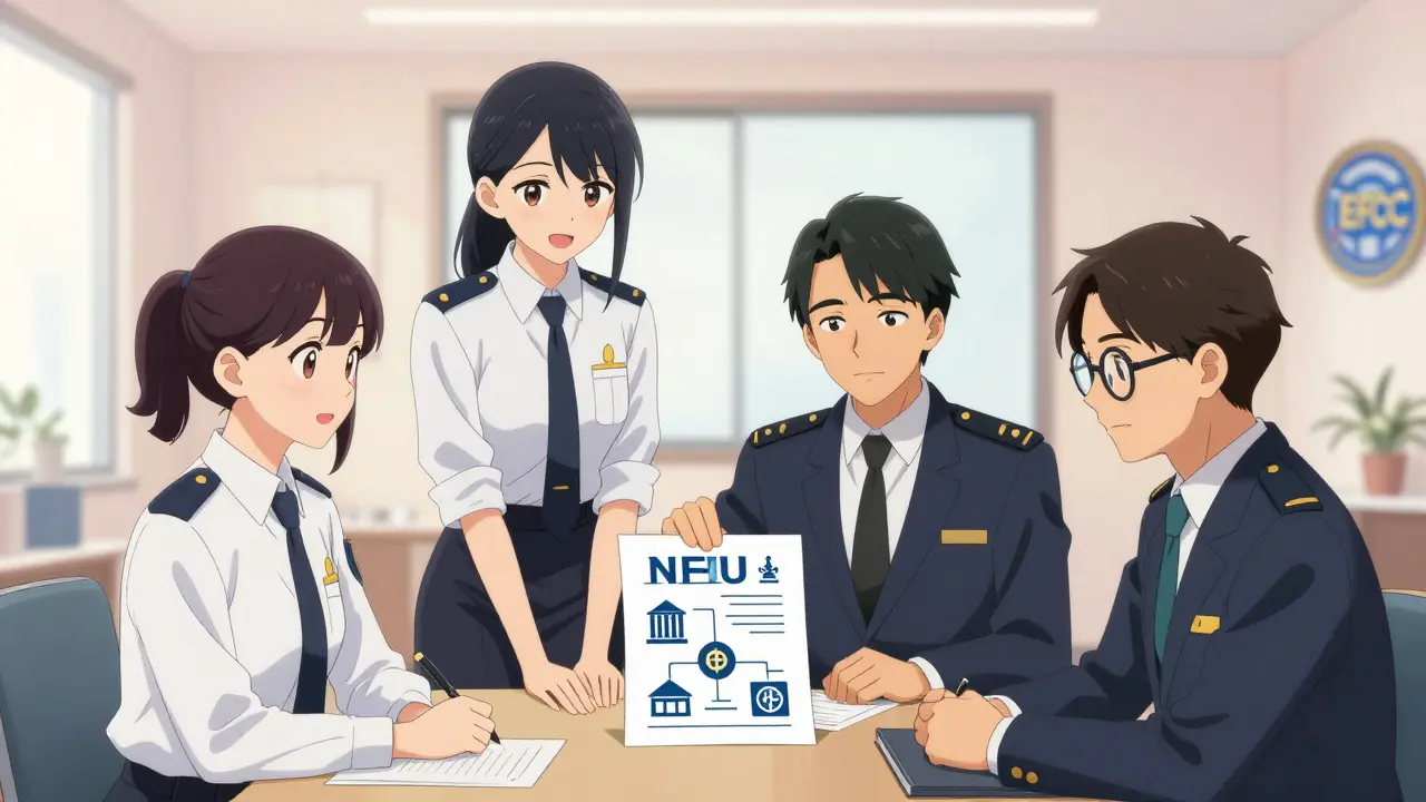 Regulatory officials meeting with SEC, CBN, NFIU, and EFCC symbols