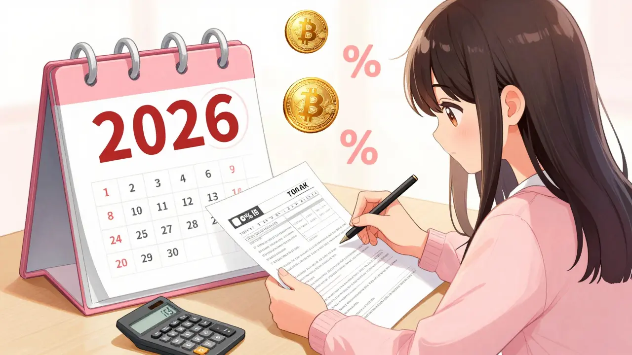 Student reviewing crypto tax rules with 2026 calendar