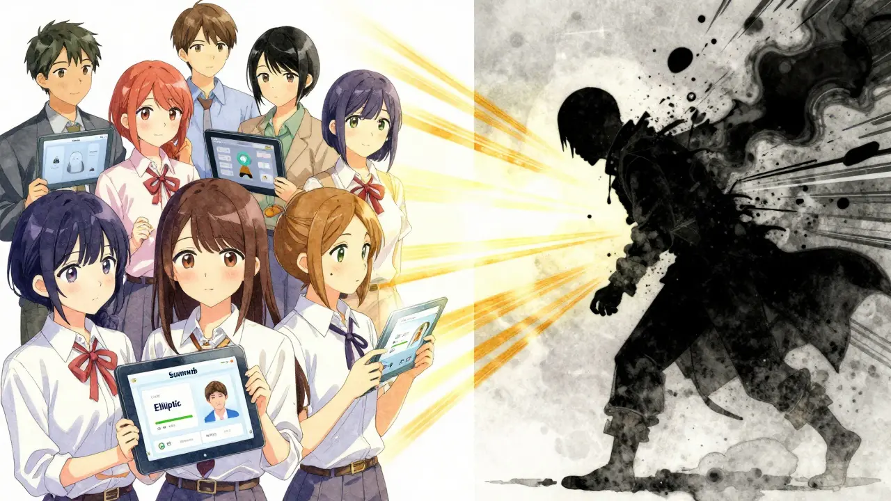 Team using AI KYC tools on one side, while non-compliance fades away in golden light.