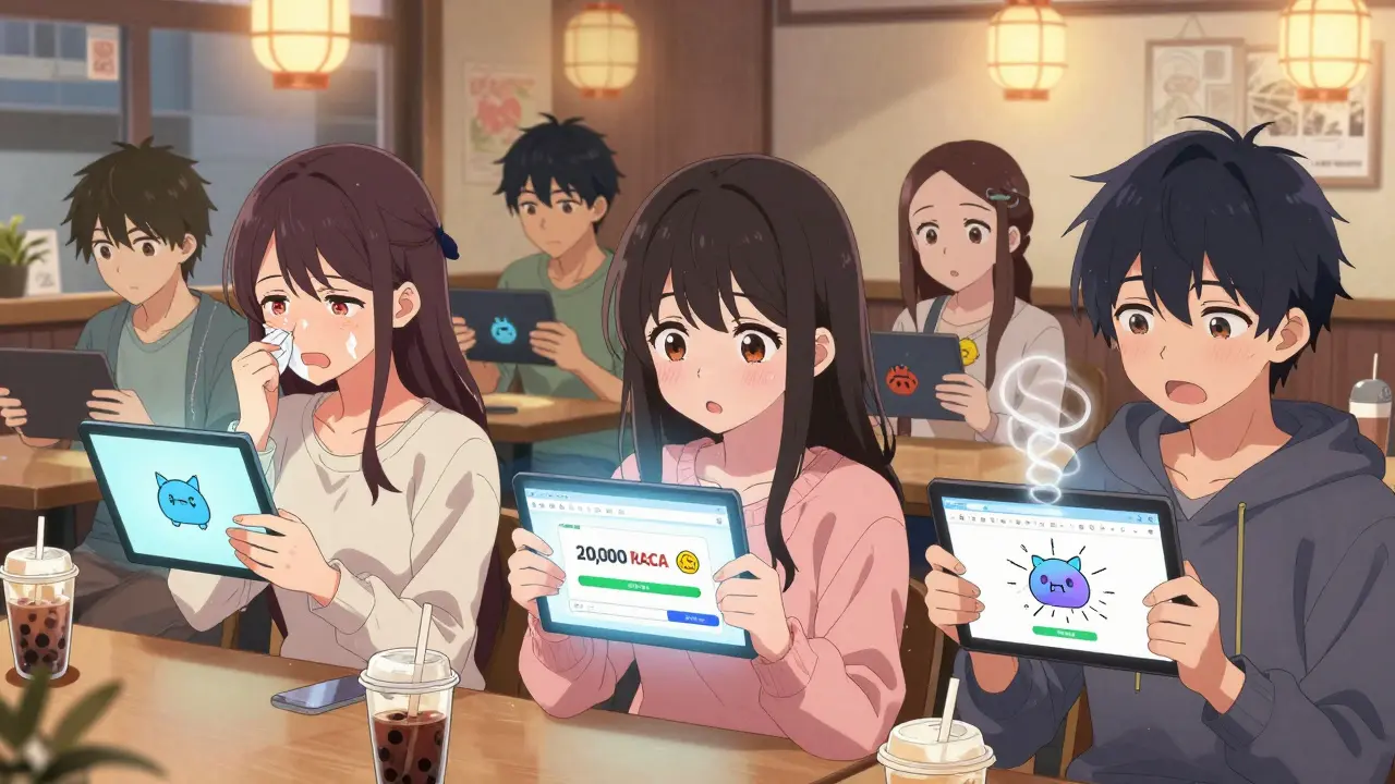 Teens in a café react to receiving RACA tokens on their tablets, soft lights reflecting off their faces.