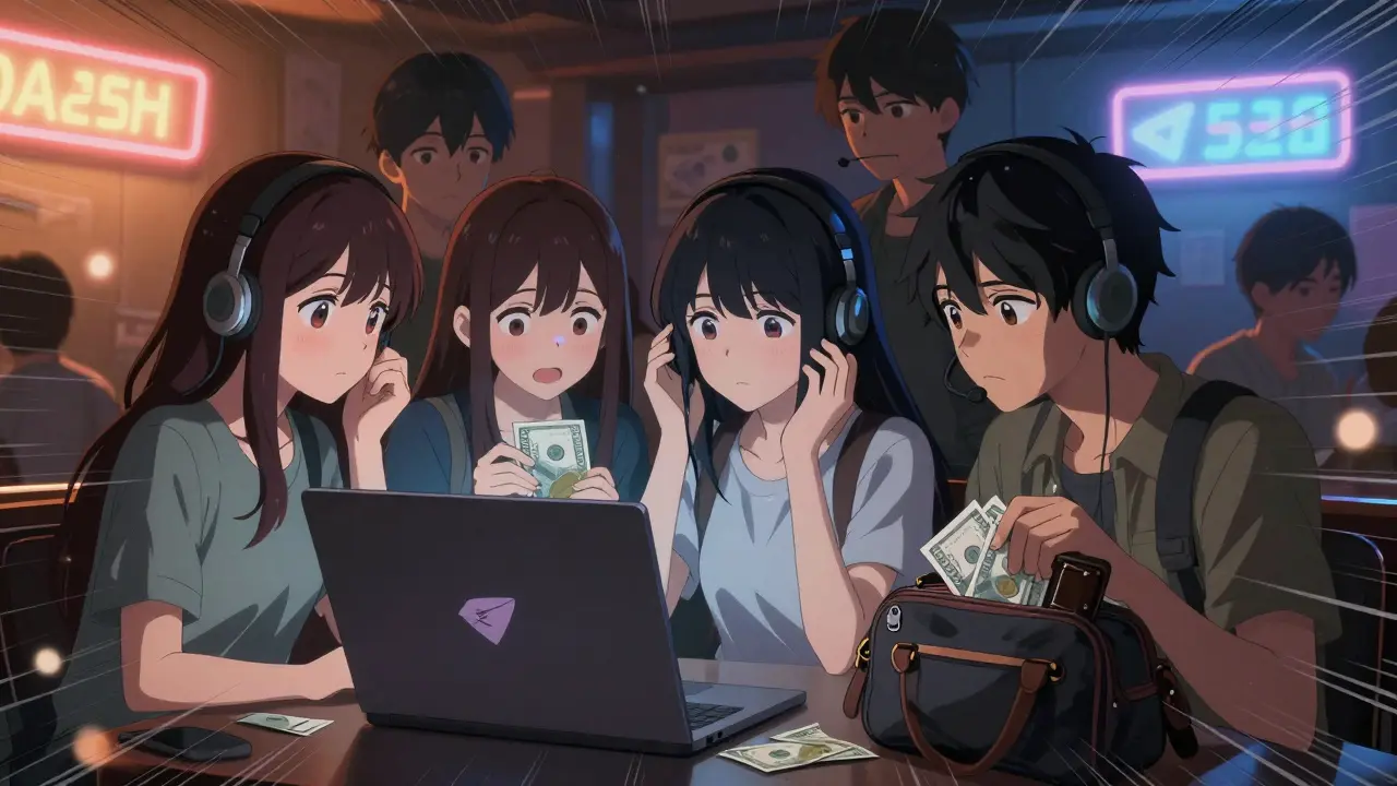 Teens in a dim room exchange crypto for cash via Telegram, neon lights glowing around them.