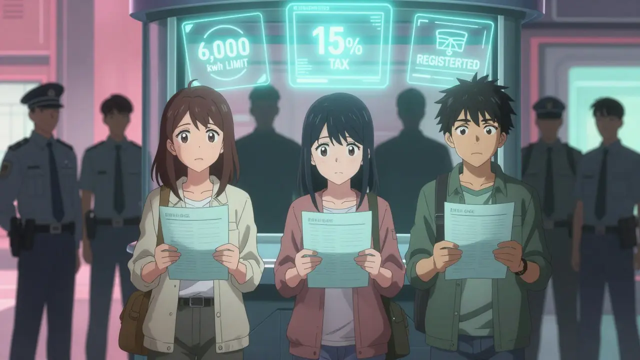 Three miners face a government registration kiosk with floating legal notices in pastel tones.