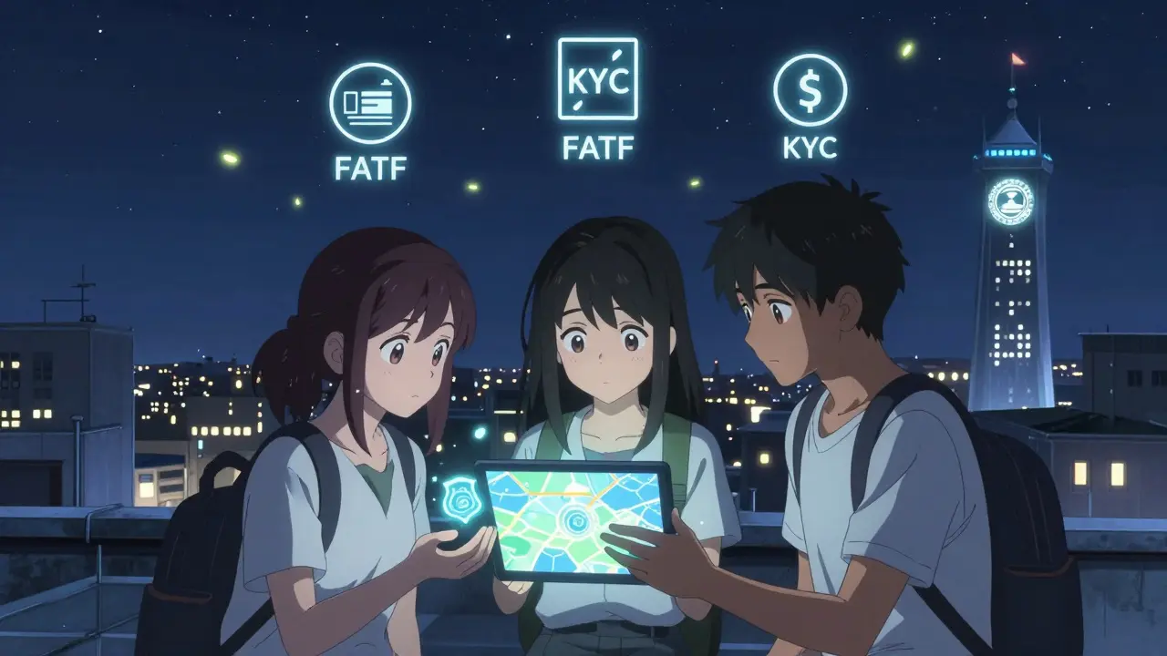Three teens on a rooftop gaze at a glowing digital dinar and floating crypto symbols under a starry Amman night sky.