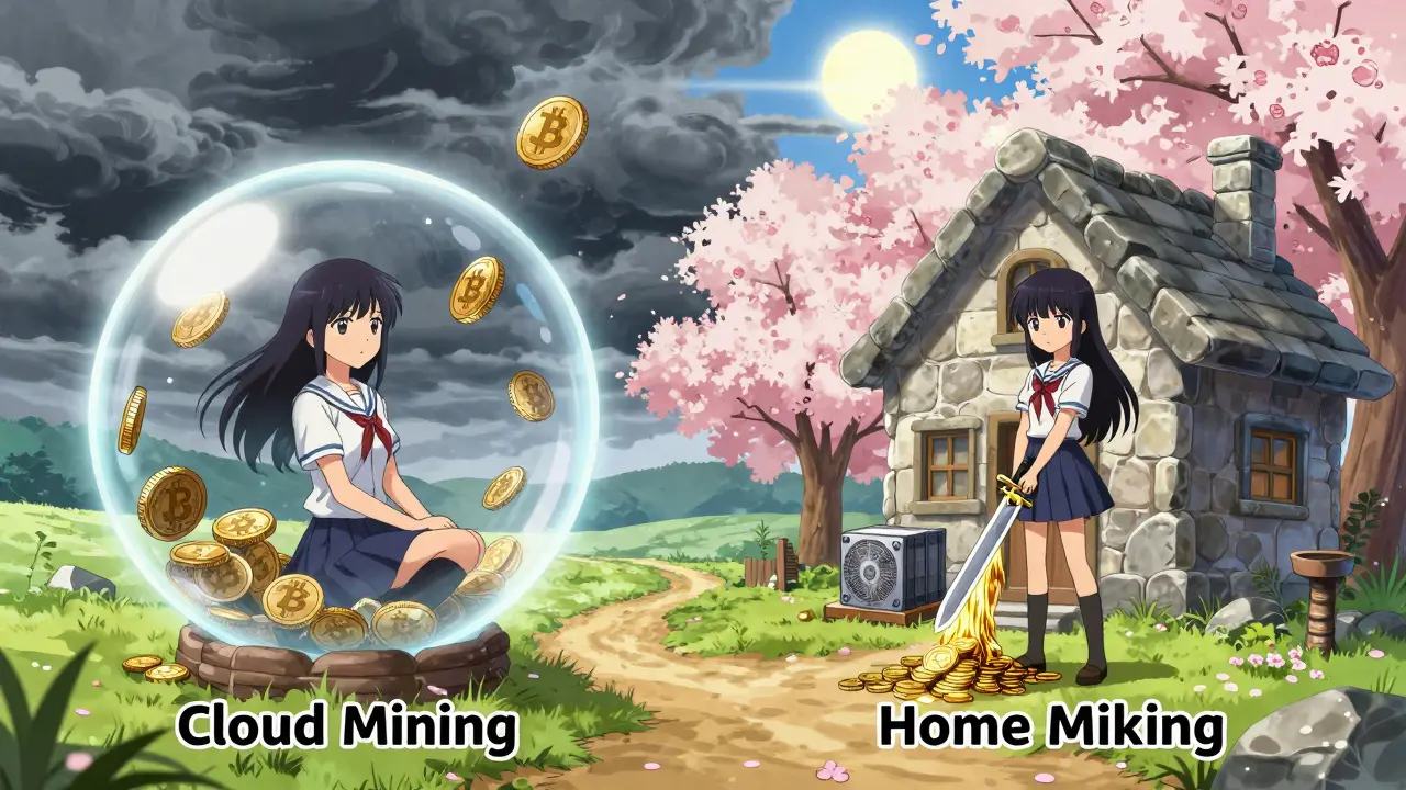 Two contrasting paths: one fading bubble of cloud mining, one sturdy home mining house with coins flowing—cherry blossoms in the background.