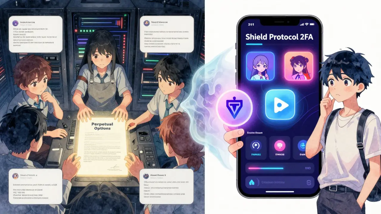 Two parallel worlds: Shield DAO's original protocol on one side, modern 2FA project on the other, with a confused person holding both logos.