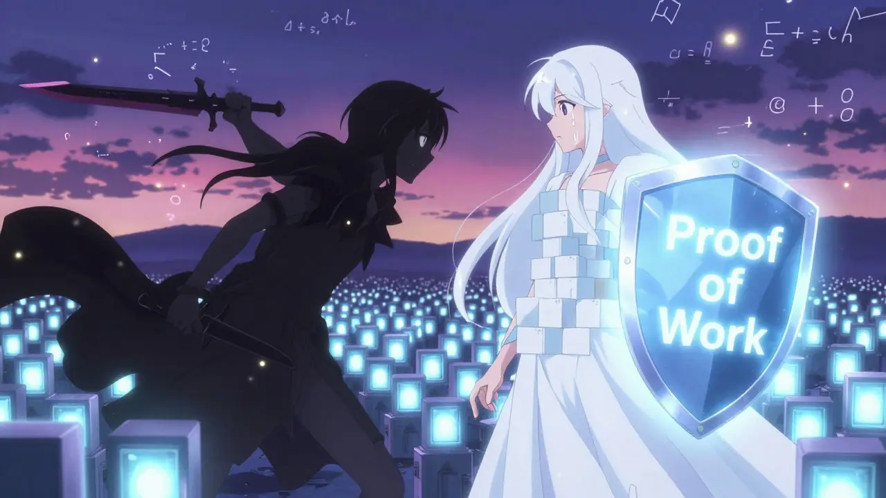 A battle between a shadowy attacker and a blockchain guardian, surrounded by mining rigs and floating hash values.