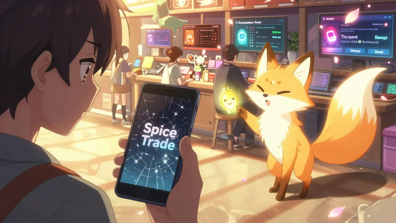 A confused person holding a fading fake 'Spice Trade' phone while a friendly light-fox spirit points to the real Pangolin DEX.