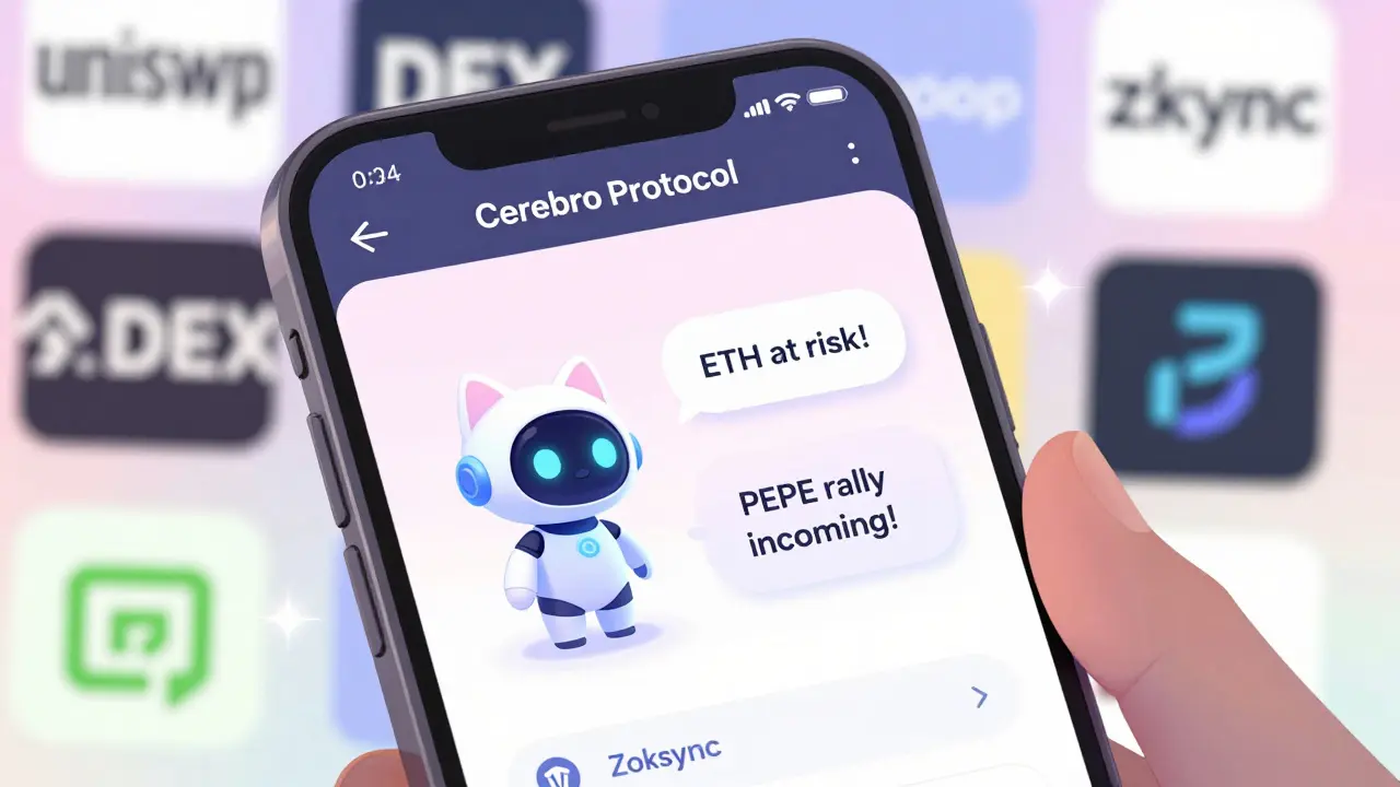A cute AI cat robot whispers crypto advice on a smartphone screen showing Cerebro Protocol’s interface with DEX logos in the background.