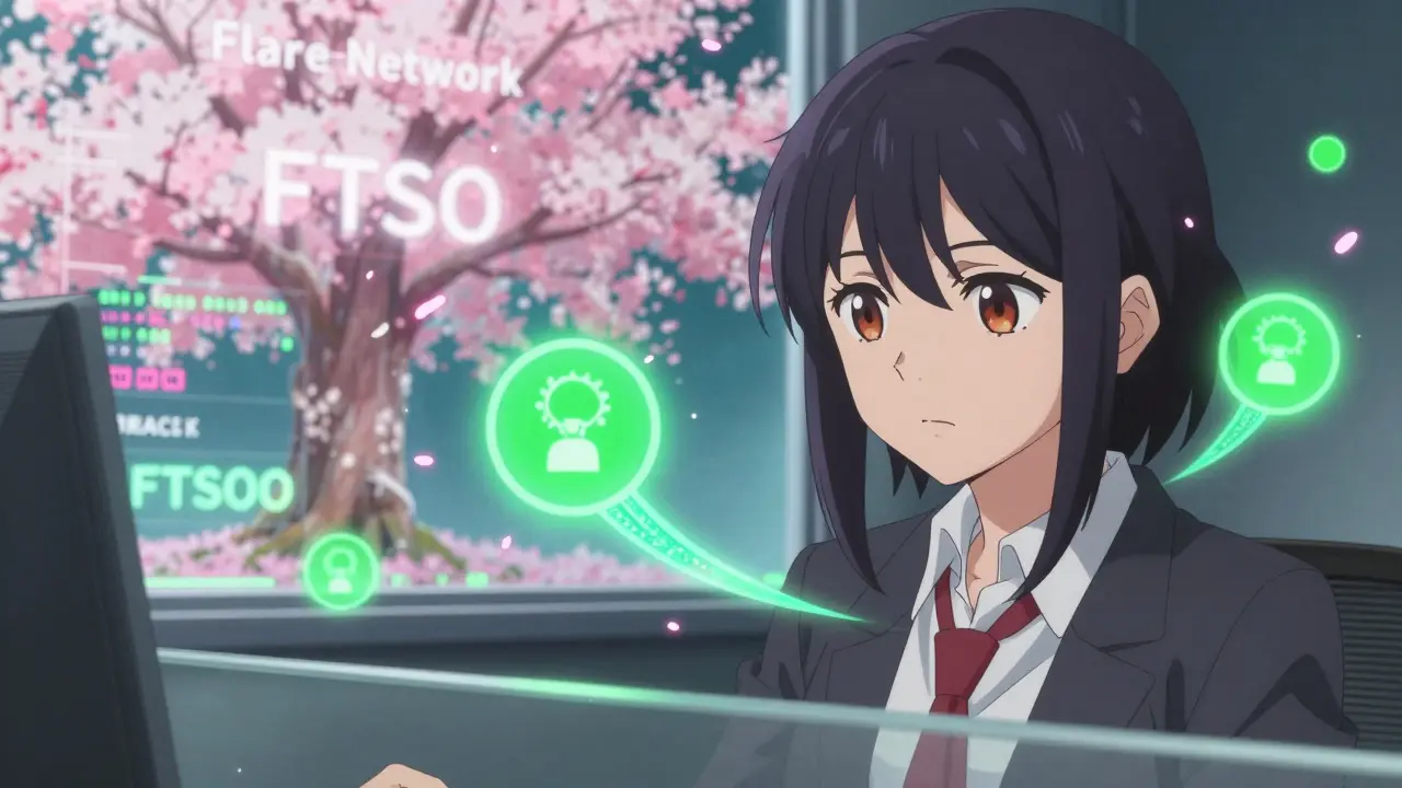 A focused trader surrounded by AI notification orbs and a radiant cherry blossom oracle displaying real-time price data.