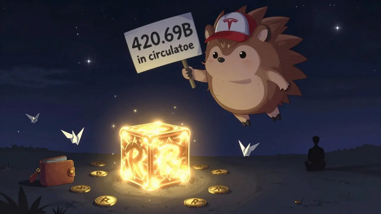 A giant cartoon hedgehog named Rizo floats above a Solana node, with wallets drifting like paper cranes under a starry sky.
