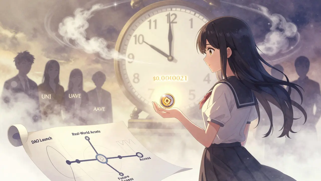A girl holds a flickering CONV token as a roadmap unfolds behind her, hinting at future DeFi possibilities.