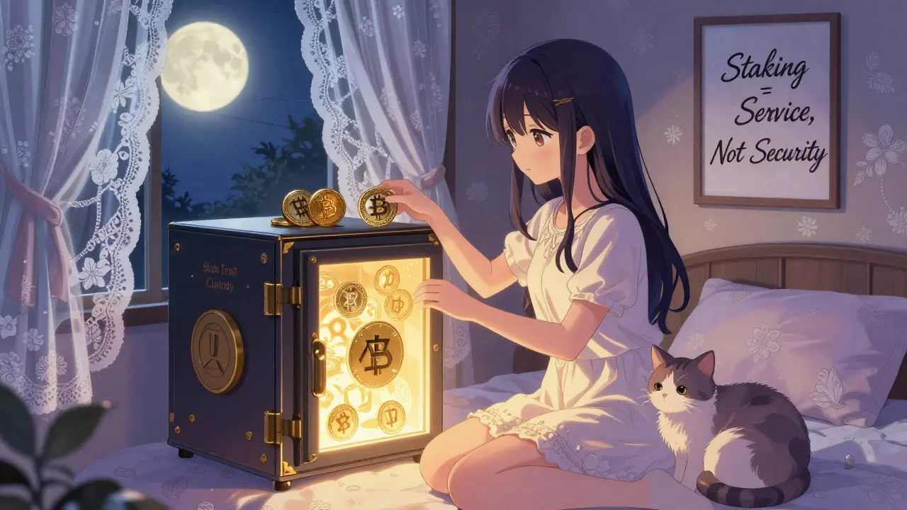 A girl places crypto tokens into a glowing vault with her cat beside her under moonlight.