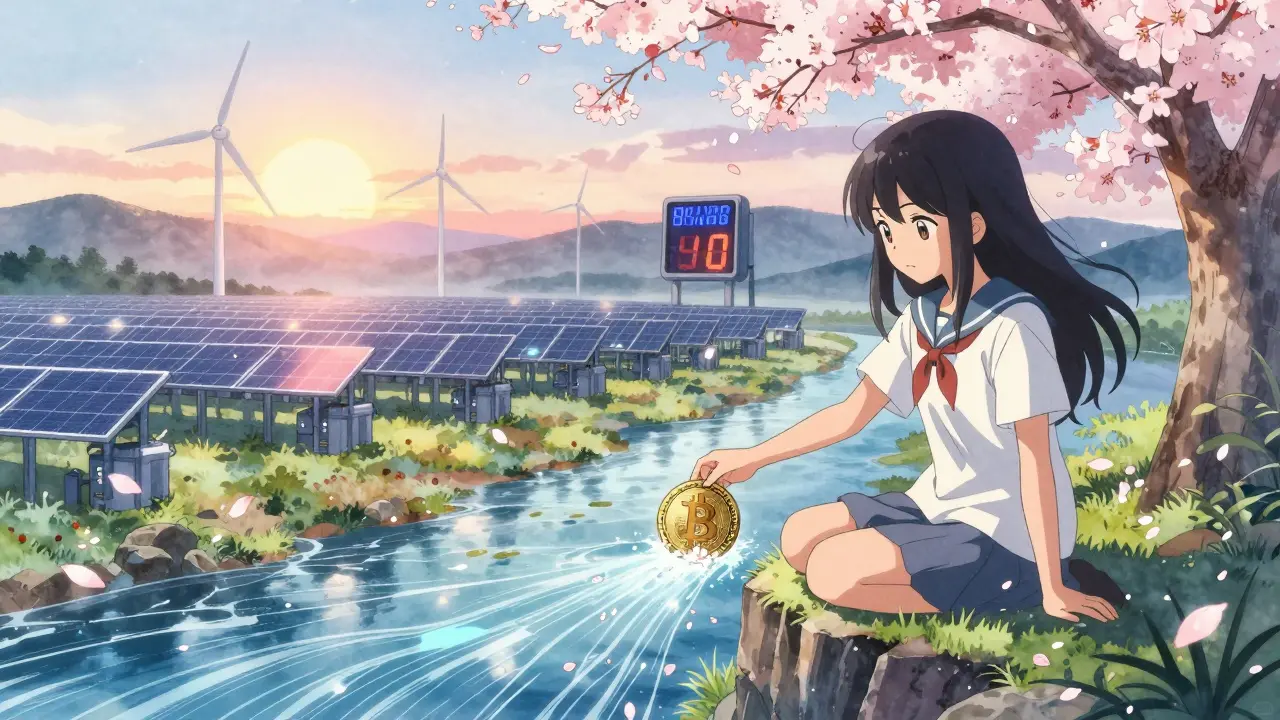 A girl releasing a Bitcoin coin into a data river as mining farms glow gently under sunrise and cherry blossoms.