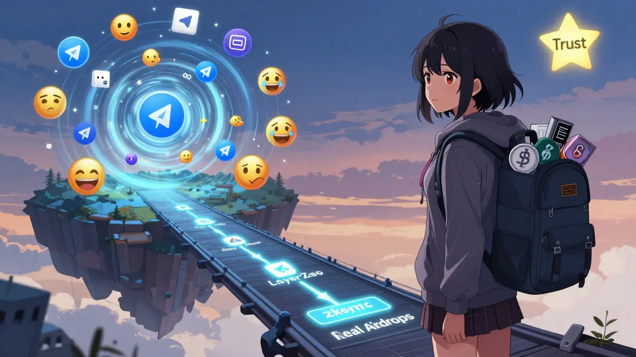 A girl standing on a blockchain bridge, choosing the path of real projects while fake scams pull at her backpack.