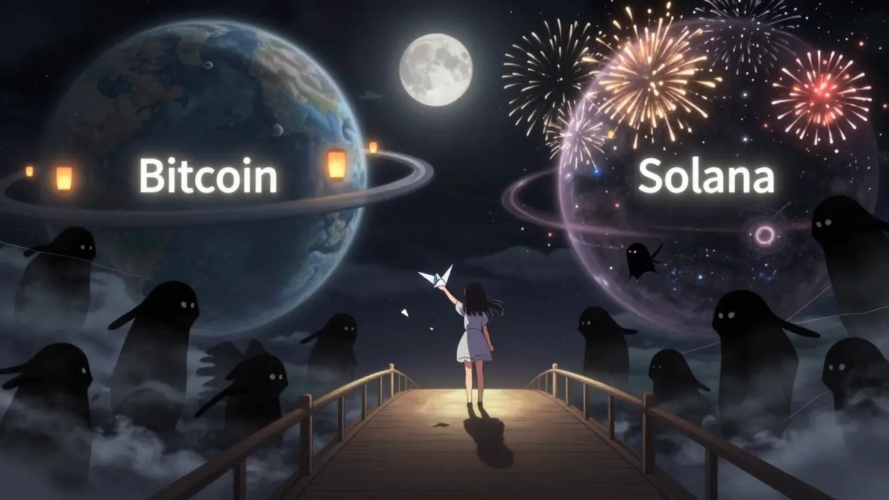 A girl stands on a bridge between Bitcoin and Solana, her paper crane unraveling as shadowy validators loom in the stormy night.