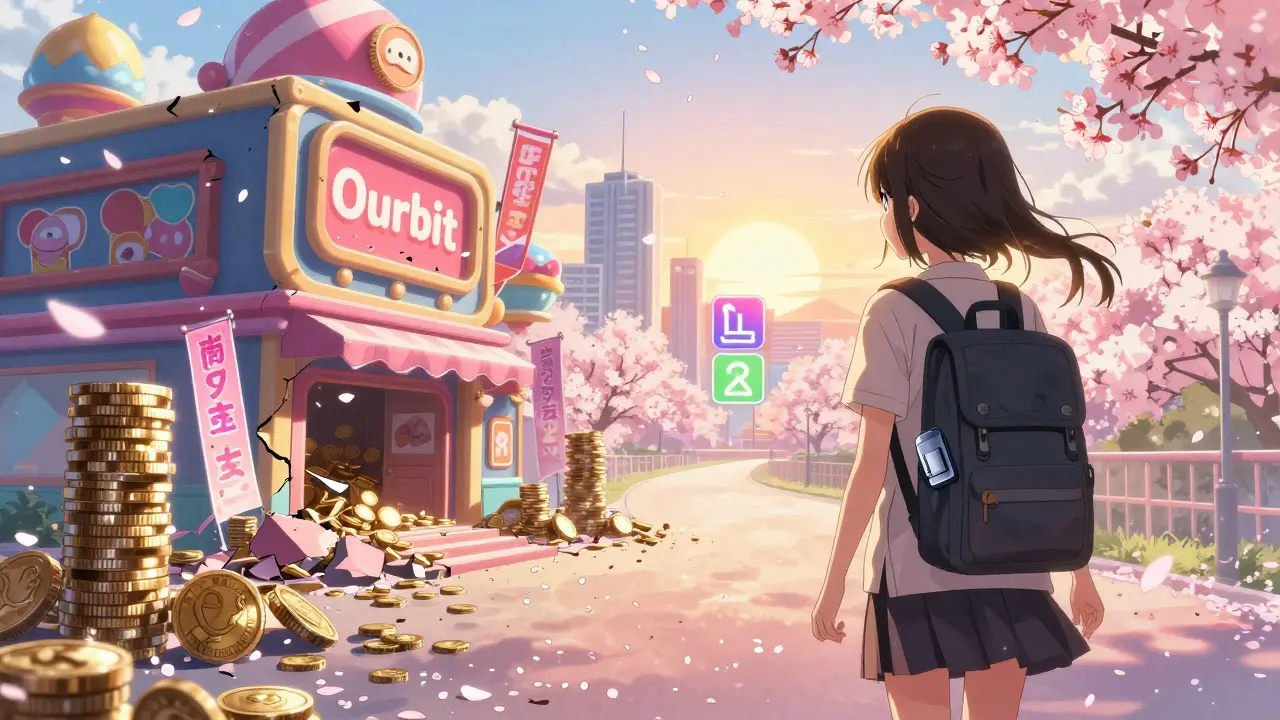 A girl walks away from a collapsing 'Ourbit' casino toward safe exchanges under a sunrise, holding a hardware wallet.