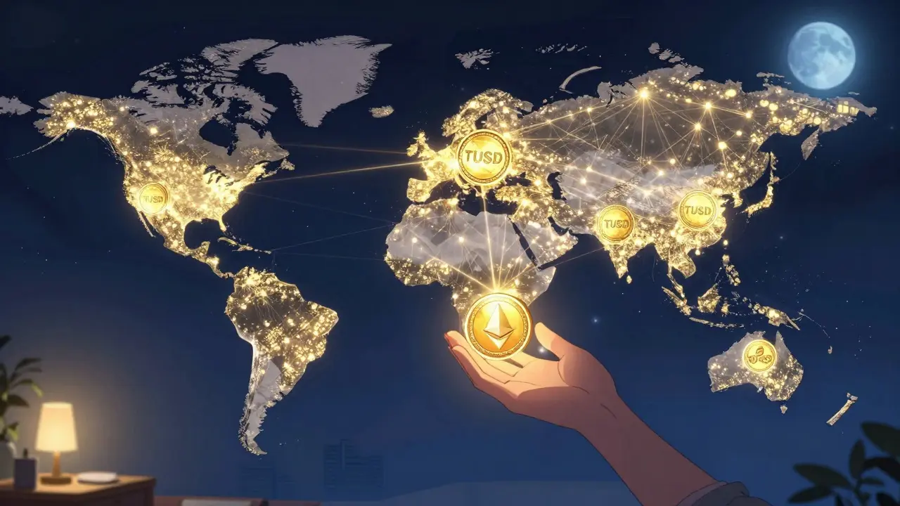 A glowing global map with TUSD tokens connecting cities across blockchains at night.