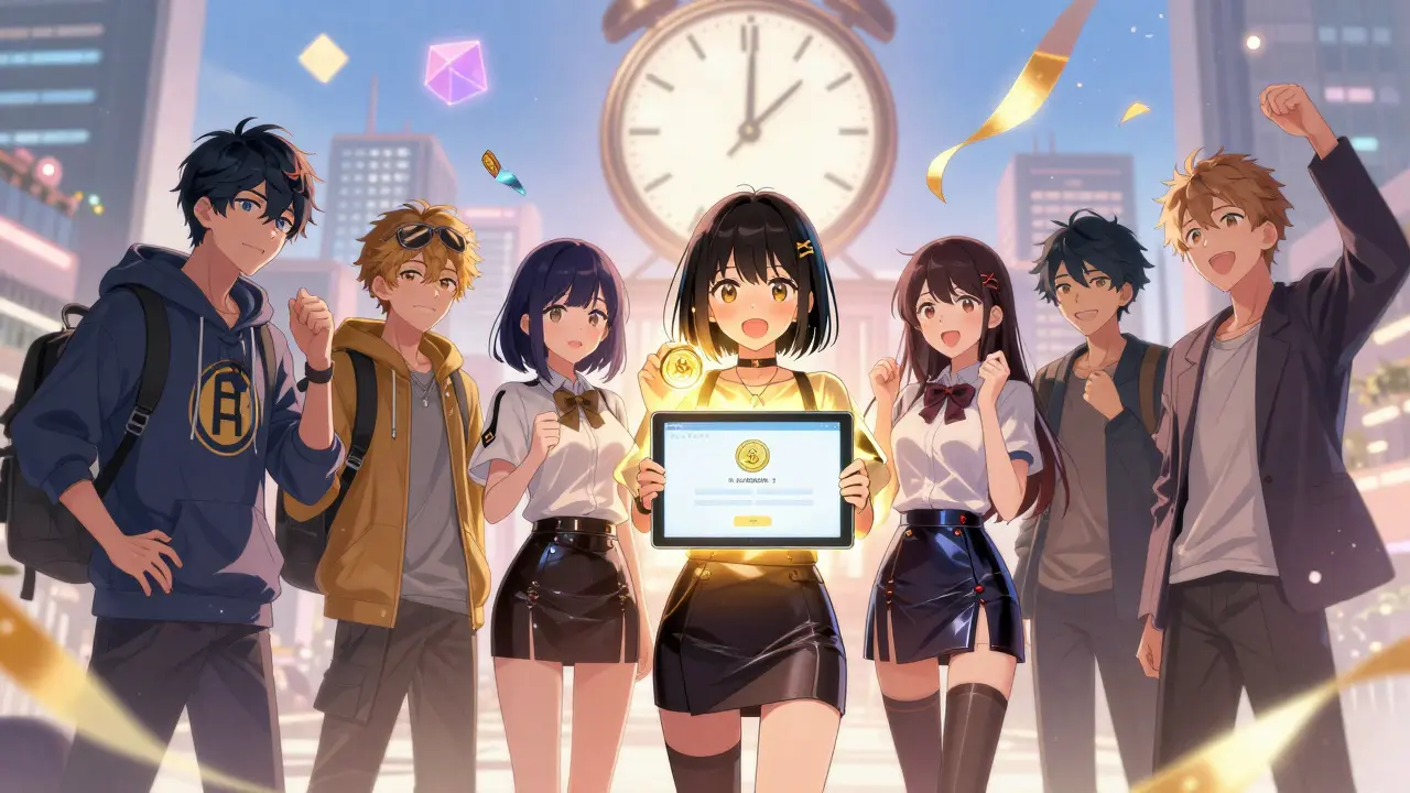 A group of diverse young traders celebrate as $POSI tokens glow warmly, with digital rewards floating around them in a futuristic cityscape.