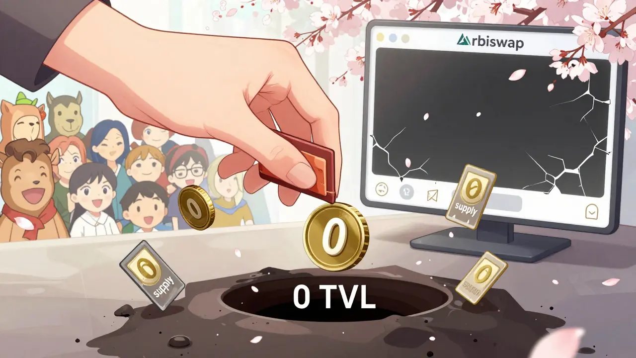 A hand drops an ETH coin into a black hole labeled '0 TVL' as ghostly ARBI tokens vanish into nothing.