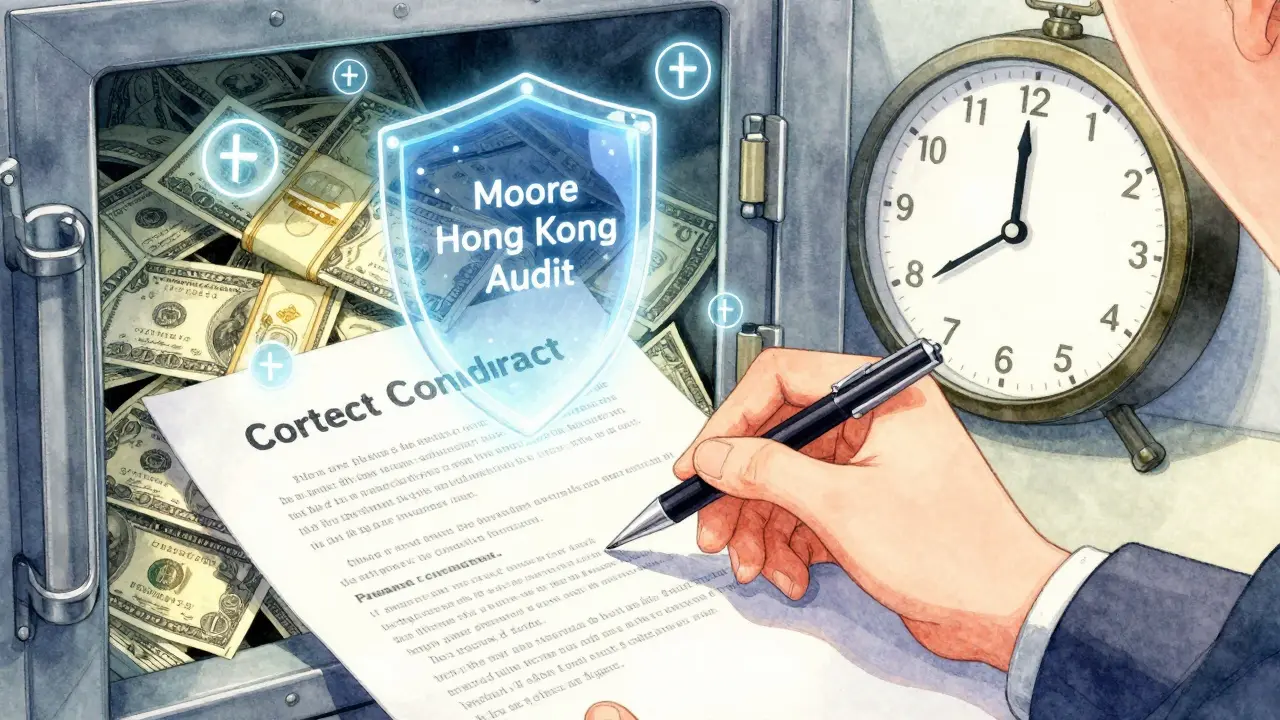 A hand signing a contract that becomes a daily audit report with Chainlink symbols.