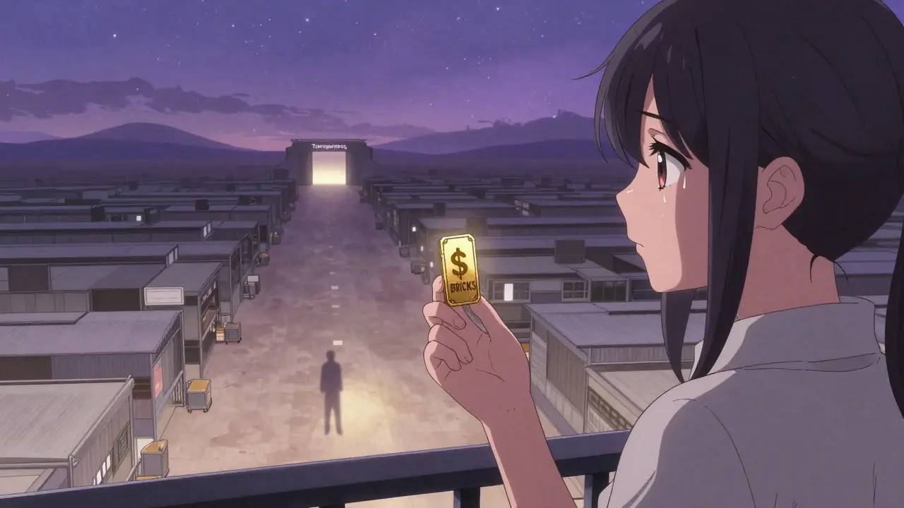 A lone figure holds a BRICKS token as a faint shadow of a property fades into a distant portal labeled 'Transparency'.